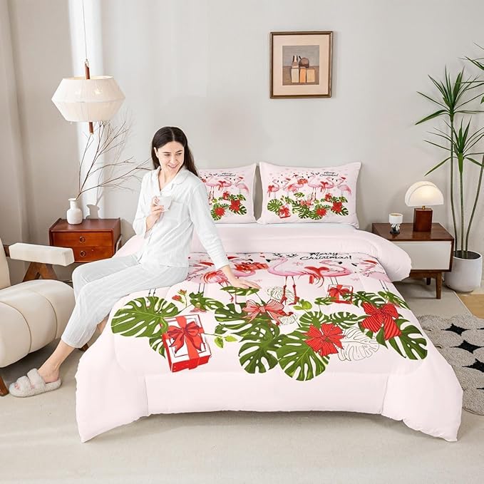 Merry Christmas Kids Comforter Set Toddler Size,Pink Flamingo Cartoon Bird Animal Bedding Set for Girls Room Decor,Winter Snowflake Green Leaves Red Bowknot Quilted Set with 1 Pillowcase