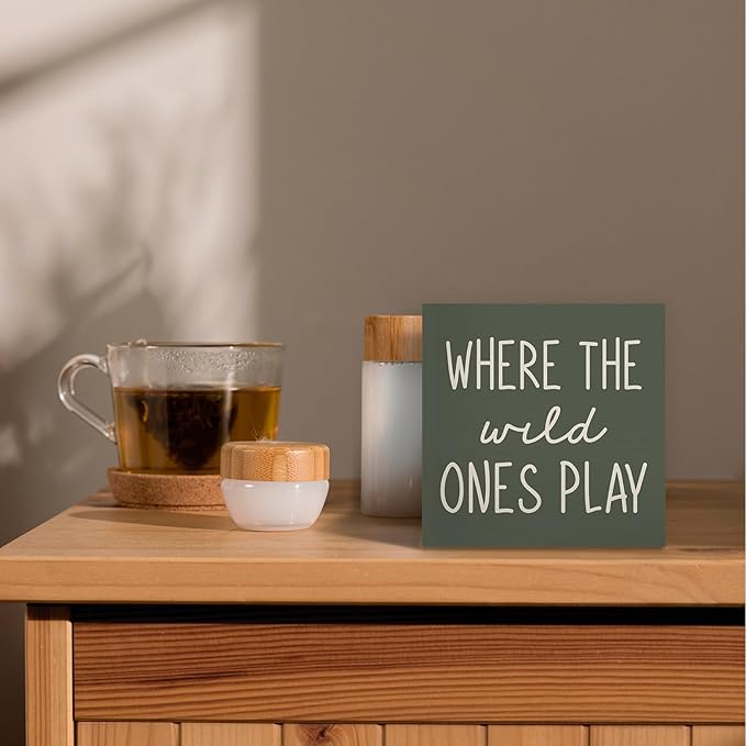 Where The Wild Ones Play Green Wood Box Sign Desk Decor 5X5, Nursery Kids Room Wooden Block Sign Decorations for Playroom Toddler Boys Girls Room Wall Tabletop Shelf Decor