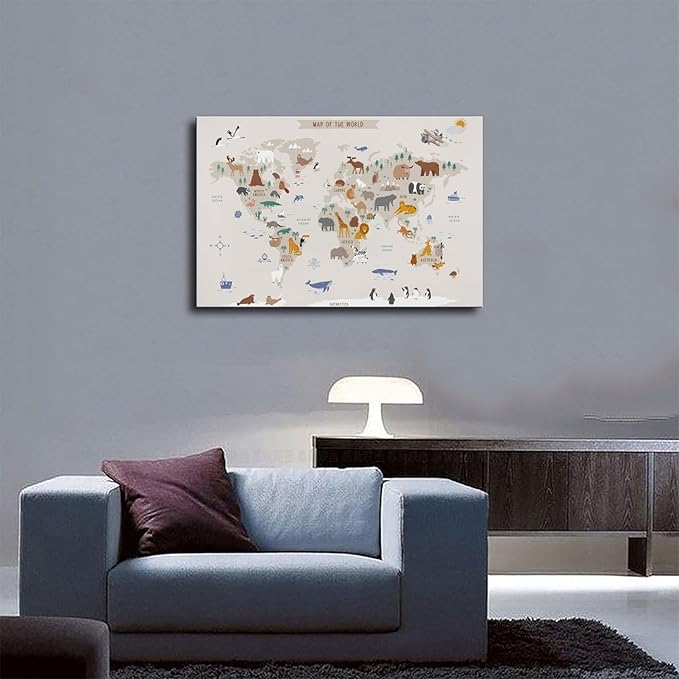 KIPNG Kids World Map - Playroom Animal World Map - Nursery Educational Poster Canvas Poster Bedroom Sports Landscape Office Room Gift Unframe-style20x30inch(50x75cm)