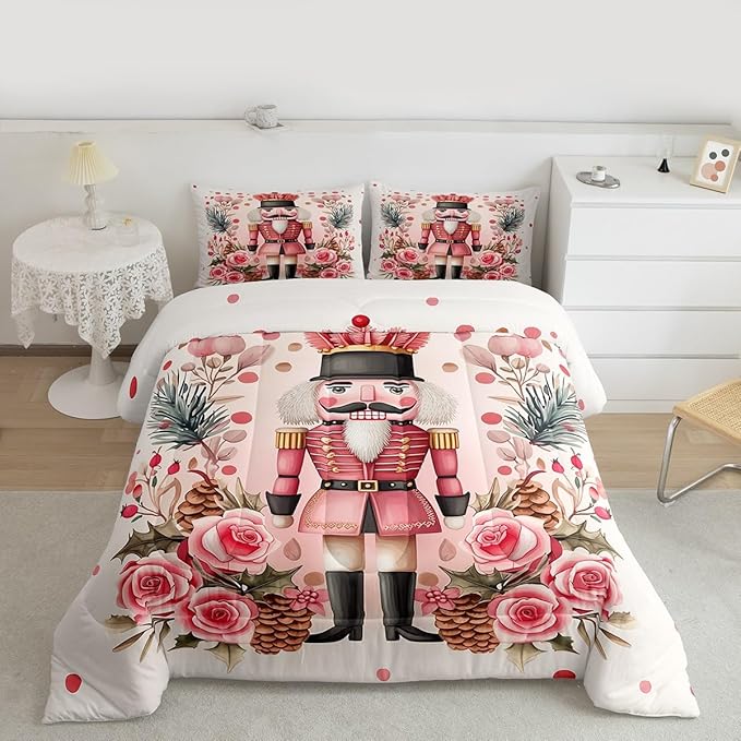 Feelyou Christmas Decor Nutcrackers Comforter Set All Season Pink Christmas Bedding Set with 1 Pillow Cases Funny Nutcracker Kids Twin Bedclothes Rose Decor Berries Duvet Quilt Soft Lightweight
