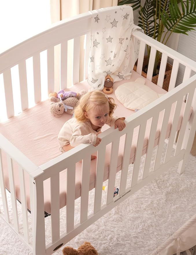 Momcozy Muslin Mini Crib Sheets Fitted - 38''x26'' Pack and Play Sheets for Pack N Play Mattress, 2 Pack Soft & Breathable Natural Cotton Non Slip Bed Cover for Boys, Girls, Beige Blush