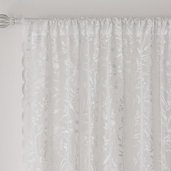 Anmao Vintage Lace Kitchen Curtains 18 Inches Long 2 Panels, Romantic Semi Sheer Floral Over Sink Lacy Cafe Curtain, Elegant Window Short Small Drapes, 55W x 18L, White Leaf