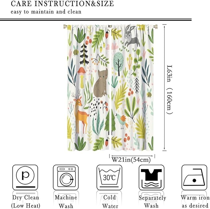 Kid Forest Animal Curtains,Woodland Animal Cartoon Watercolor Forest Hedgehog Fox Toddler Boys Girls Bedroom Living Room Window Drapes 42x63in