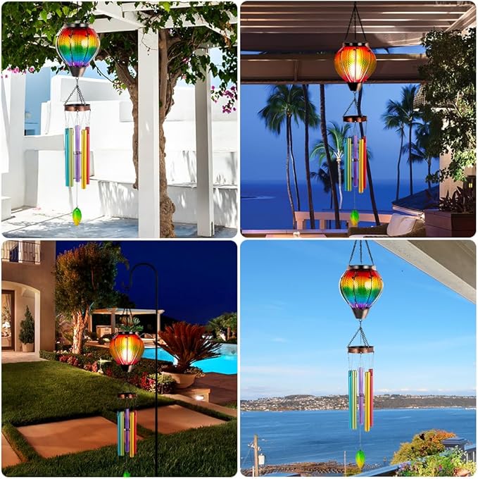 Starsoul Solar Wind Chimes for Outside, Flickering Flame Light Glass Solar Hot Air Balloon Wind Chimes, Outdoor Garden Windchimes Gift for Mothers Day, Christmas, Women, Grandma