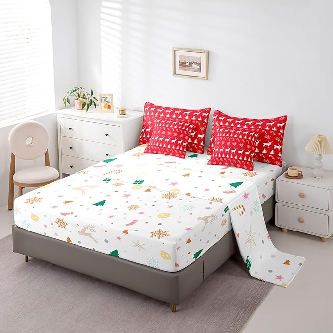 Erosebridal Christmas Queen Bedding Set 7 Piece,Xmas Elk Deer Bed in A Bag,Winter Snowflake Comforter Set Candy Pine Tree Sheet Set with Comforter,Red Christmas Decoration