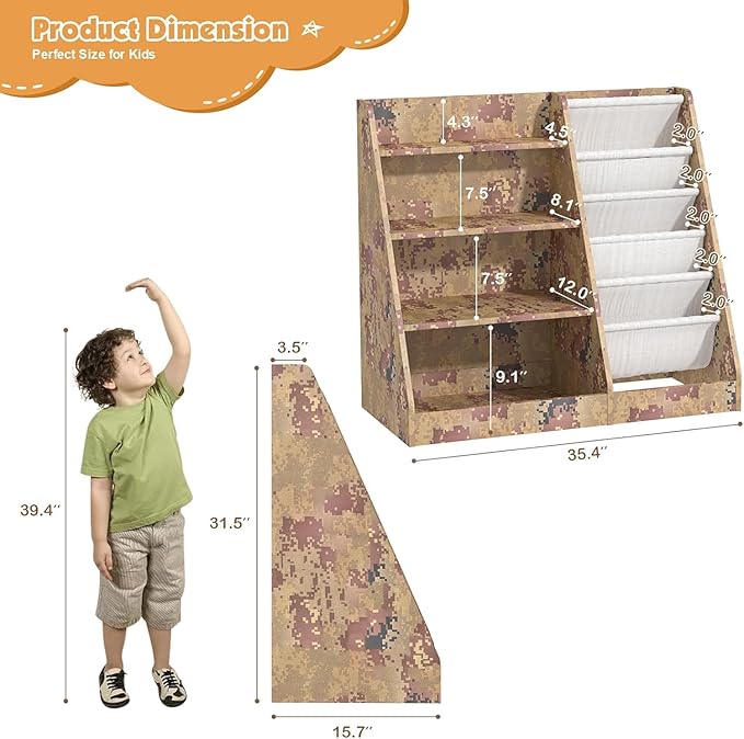 NACHES Montessori Kids Bookshelf Fabric Sling Pockets & Open Shelves – Front Facing Toddler Book Display and Toy Storage Organizer for Nursery Playroom or Bedroom 35" Wide (Camouflage Color, Middle)