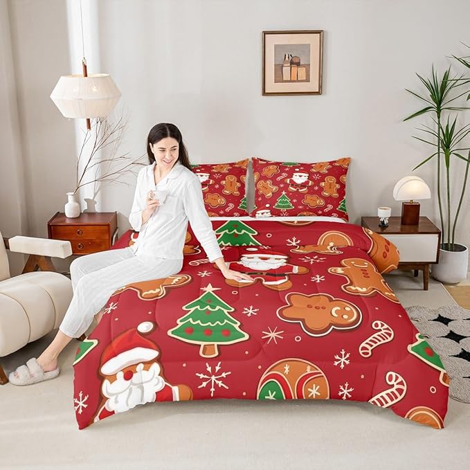 Feelyou Christmas Kids Comforter Set Queen Size Santa Bedding Set Gingerbread Man Duvet Quilt for Kids Boys Girls Bedroom Xmas Tree Snowflake Decor Microfiber Ultra Soft Breathable