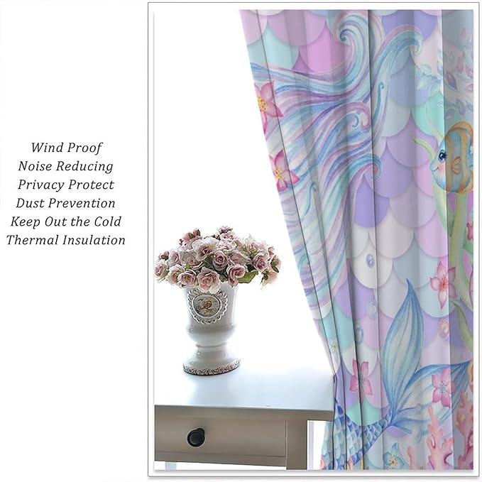 Fantasy Mermaid Curtain Dream Cartoon Marine Organisms Turtle Coral Ocean Theme Dream Blackout Window Treatment for Kids Girls Bedroom Nursery Room Decor Rod Pocket Window Drapes 42x45in