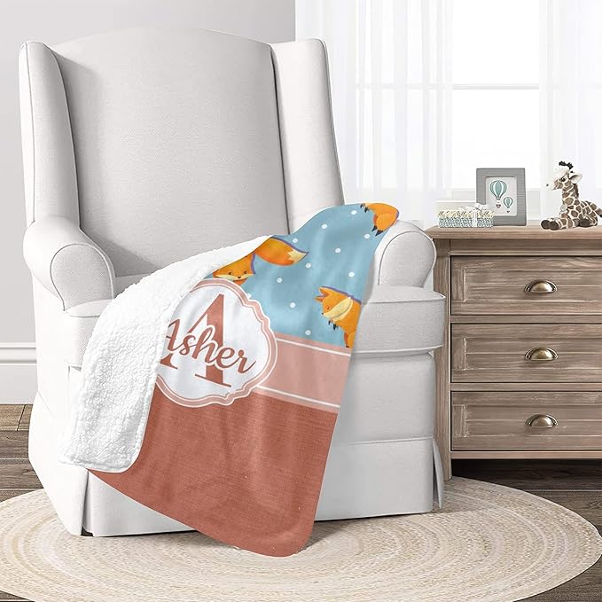 Fox and Dots Personalized Receiving Sherpa Fleece Baby Blankets for Girls Boys Kids, Swaddle Blankets Gift for Newborn Crib Infants 30x40 Inches