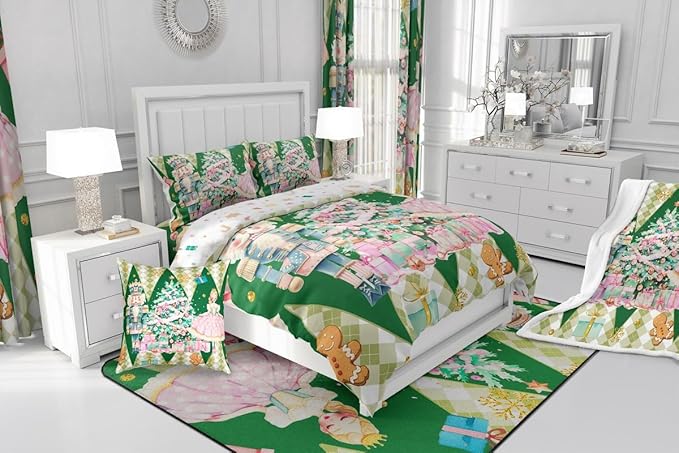 jejeloiu Christmas Nutcracker Comforter Set Twin Size Gingerbread Man Bedding Set for Kids Boys Girls Xmas Tree Duvet Quilt Green Bedroom Decor