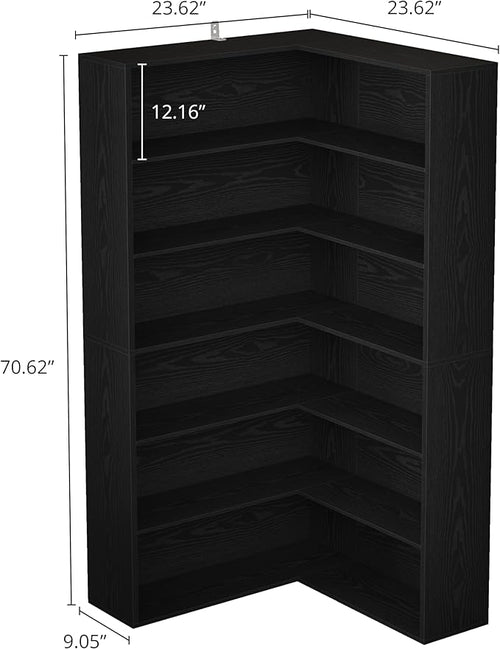 ANCTOR Corner Bookshelf, 6 Tiers Corner Bookcases with Baffles Etagere Shelf Storage Rack for Living Room Home Office, Black