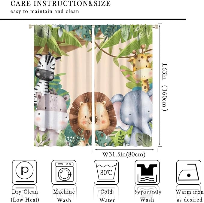 Jungle Animals Curtains Colorful Forest Cartoon Wildlife Lion Giraffe Elephant for Kids Boys Girls Nursery Bedroom Living Room Blackout Rod Pocket Decoration Window Drapes 2 Panels W31.5xL63in