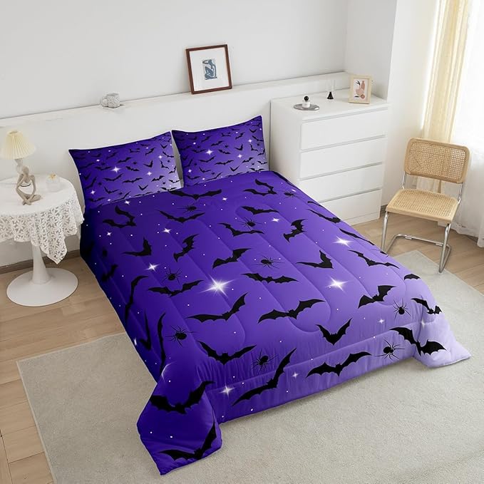 Erosebridal Bat Comforter Set Full Size for Kids Galaxy Glitter Bedding Set with 2 Pillow Cases Happy Halloween Quilt Gothic Spooky Down Comforter Purple and Black
