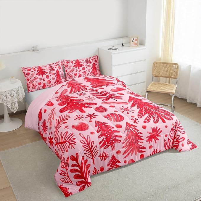 Feelyou Christmas Kids Comforter Set Twin Size Snowflake Candy Bedding Set Xmas Tree Duvet Quilt for Kids Boys Girls Bedroom Pine Tree Decor Microfiber Ultra Soft Breathable