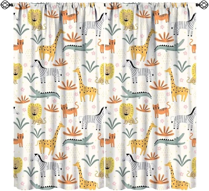 Wild Animals Curtains, Cute Cartoon Animals Zoo with Lion Zebra Crocodile Cat and Giraffe Tropical Jungle Plant Print Window Treatments for Kids Boys Girls Bedroom Living Room 42x54 Inch