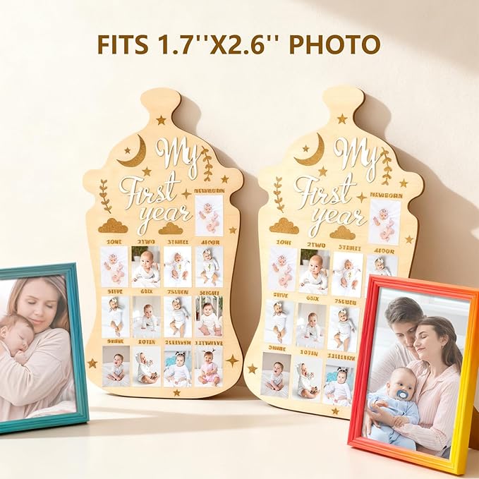 My First Year Photo Board, 2-Pack Wooden Milk Bottle Shape Baby Milestone Frame with 2 Nails Each, 17.3x9.4 Inch
