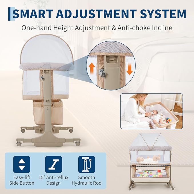 Bedside Bassinet Baby Bassinet, 3 in 1 Bedside Sleeper with Baby Co-Sleeper Travel Crib with Detachable Mosquito Net & Storage Basket | Adjustable Height, Wheels Included