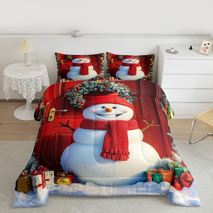 Feelyou Merry Christmas Kids Comforter Set King Size Cute Snowman Bedding Set Duvet Quilt for Kids Boys Girls Bedroom Snowflake Decor Microfiber Ultra Soft Breathable