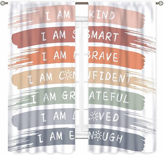 Rainbow Curtains for Classroom, Kids Girls Baby Boho Cute Inspirational Motivational Quotes Cartoon Colorful Pastel Nursery Classroom Bedroom Living Room Bathroom Window Drapes 2 Panels, 42"x63" Inch