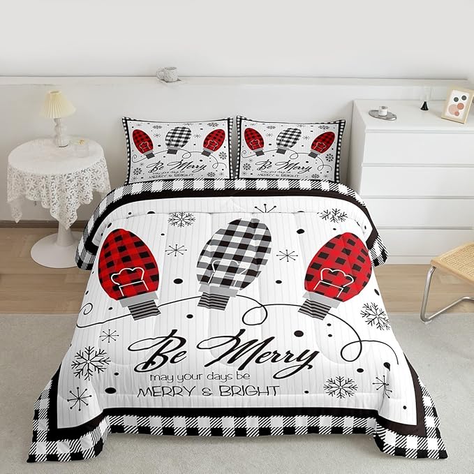 Merry Christmas Kids Comforter Set Queen Size,Geometric Grids Stylish Bedding,Girls Boys Adults Bedroom/Xmas Cabin Decor,Snowflake Bells Down Comforter,Rustic Farmhouse Duvet Insert,2 Pillowcases