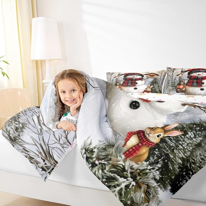 Kawaii Snowman Girls Bedding Set Twin Size,Rabbit Bird Winter Poinsettia Comforter Set,Pine Tree Xmas Animal Snowflake Quilt Comforter Girls Boys Teens,Gray Green Room Decor All Season,1 Pillowcase