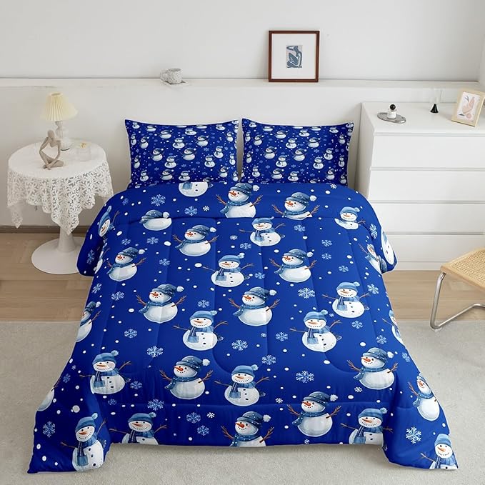 jejeloiu Kids Cute Winter Snowman Comforter Set King Size Blue Christmas Theme Bedding Set for Boys Girls Teens Xmas Snowflake Happy New Year Duvet Quilt Room Decor
