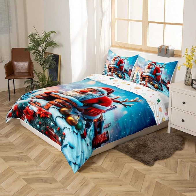 Cute Santa Claus Duvet Cover Set Queen Size,Winter Snow Cabin Rustic Farmhouse Bedding Set,Boys Girls Room Decor,Xmas Tree Merry Christmas Comforter Cover,White Quilt Cover,2 Pillowcases,No Comforter