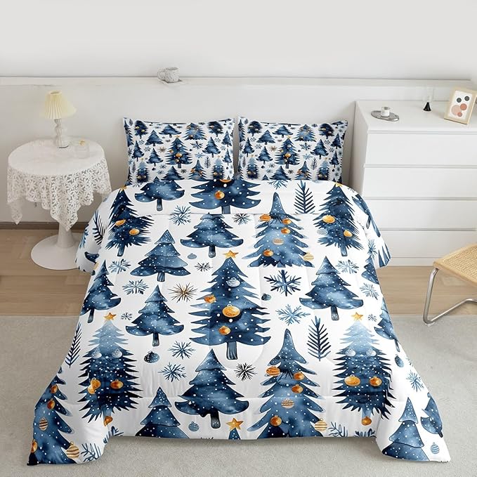 Feelyou Christmas Kids Comforter Set Queen Size Xmas Tree Bedding Set Snowflake Duvet Quilt for Kids Boys Girls Bedroom Watercolor Blue Decor Microfiber Ultra Soft Breathable
