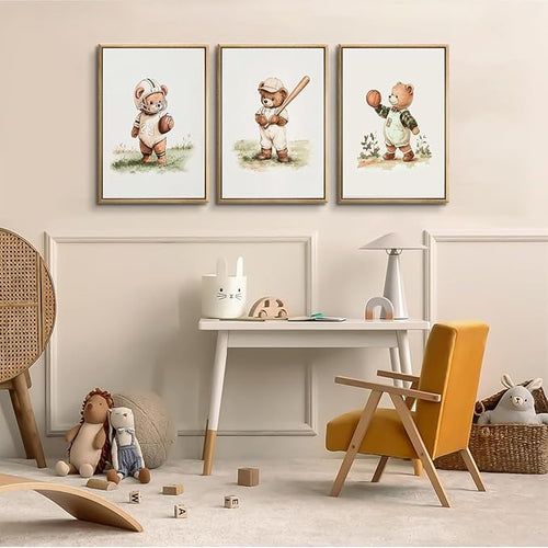 3Pcs Nursery Teddy Bear Canvas Wall Art Vintage Sports Bear Wall Decor Sports Boys'Room Artwork Prints Basketball Football Baseball Painting Pictures for Children's Room Boys' Room (12x16in poster)