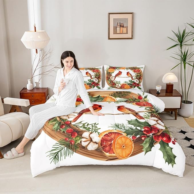 jejeloiu Kids Red Cardinal Comforter Set King Size Christmas Theme Bedding Set for Boys Girls Teens Xmas Birds Animal Lemon Winter Wood Duvet Quilt Room Decor