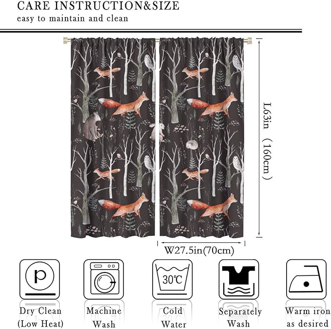 Rustic Forest Curtain, Woodland Country Hunting Animal Deer Fox Wildlife Bear Farmhouse Lodge Cabin Blackout Rod Pocket Windows Door Curtain for Bedroom Living Room Home Decor 55x63in