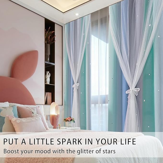 XiDi Blue Green Grey Curtains 96 Inches Long for Girls Bedroom 2 Panels Set, Blackout Rainbow Grommet Curtains for Kids Room Decor, Unicorn Wall Decals Drapes for Little Girl Nursery 34 Inches Wide