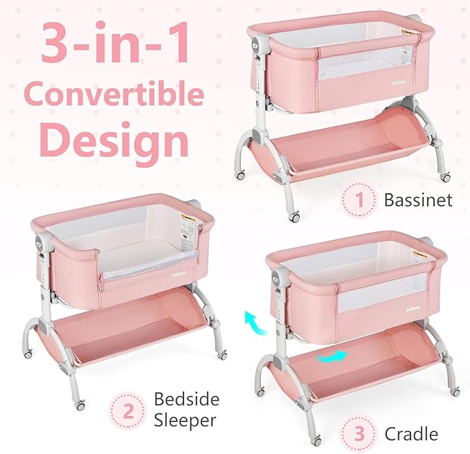INFANS 3 in 1 Baby Bassinet, Bedside Sleeper, Rocking Cradle, Easy Folding Portable Safer Co-Sleeping Crib with Height Adjustable, Wheels Storage Basket Travel Bag for Infant Newborn (Coral)