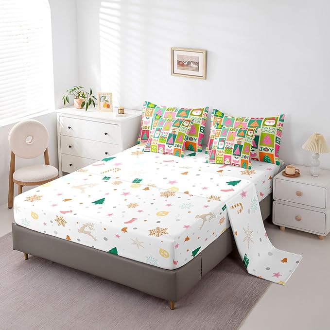 Feelyou Christmas Bed Set Snowman Christmas Tree Print Kawaii Comforter Set with Sheets Xmas Santa Claus Bed in a Bag for Kids Girls New Year Theme Bedding Set Bedroom Collection Queen Size