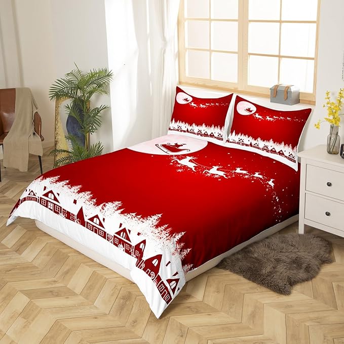 Manfei New Year Red Duvet Cover Set Queen Size Reindeer and Full Moon Print Comforter Cover Christmas Day Bedding Set 3pcs for Kids Boys Girls Winter Theme Quilt Cover with 2 Pillowcases,No Comforter