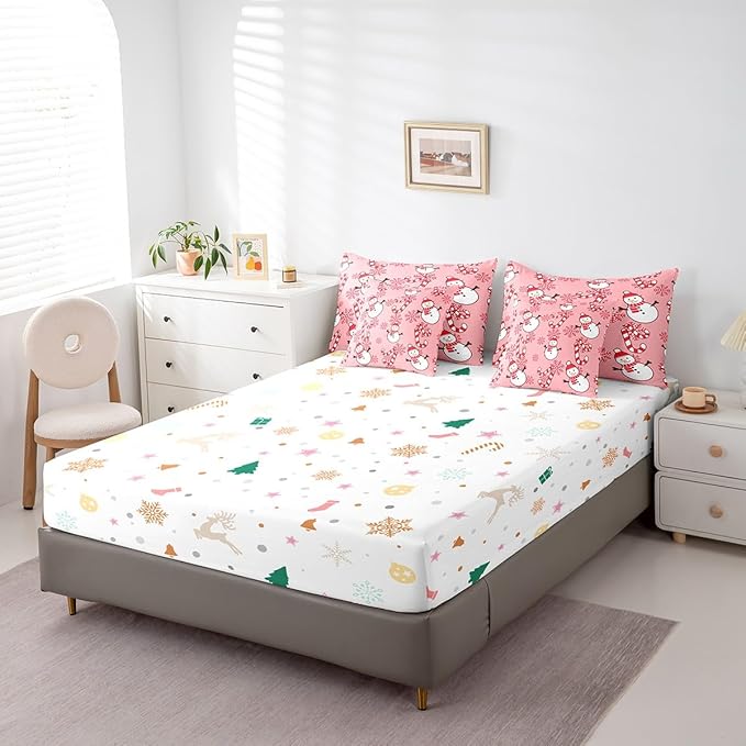 Christmas Kids Bedding Set Cartoon Snowman Comforter Set with Sheets for Boys Girls Snowflake New Year Decor Bed in a Bag Pink Xmas Theme Bed Set 7Pcs Queen Size