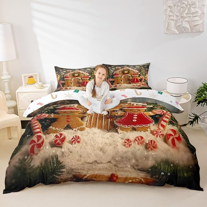 Feelyou Cute Gingerbread Man Duvet Cover King Size Cartoon Christmas Bedding Set for Boys Girls New Year Holiday Comforter Cover Reversible Xmas Decor Bedroom Decor 3Pcs