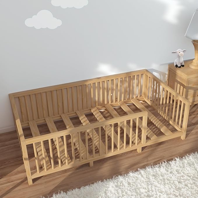 Montessori Floor Bed with Slats for Toddler 39.4'' x 75.2'' Twin Size | Pine Wood Natural Solid Frame Bed | Sturdy Design Floor Bed Frame for Boy and Girls (Twin, Height : 19 Inches)