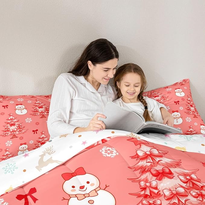 Feelyou Merry Christmas Kids Comforter Set Full Size Cute Snowman Bedding Set Cartoon Bowknot Duvet Quilt for Kids Boys Girls Bedroom Christmas Tree Decor Microfiber Ultra Soft Breathable