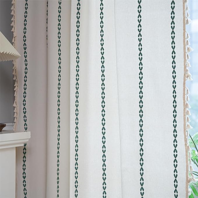 Deeprove Emerald Green Boho Curtains 84 inches Long for Bedroom, Vintage Bohemian Embroidery Farmhouse Cotton Striped Linen Country Tassel Window Treatments Christmas Decor, W52 x L84, 1 Panel
