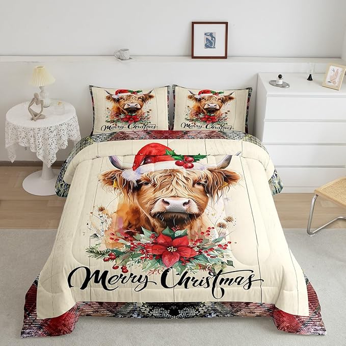 Highland Cattle Full Size Comforter Set,Merry Christmas Flowers Pine Trees Bedding Comforters Bedroom Collection,Rustic Farmhouse Wooden Grid Plaid Bedding Set for Girls Teens