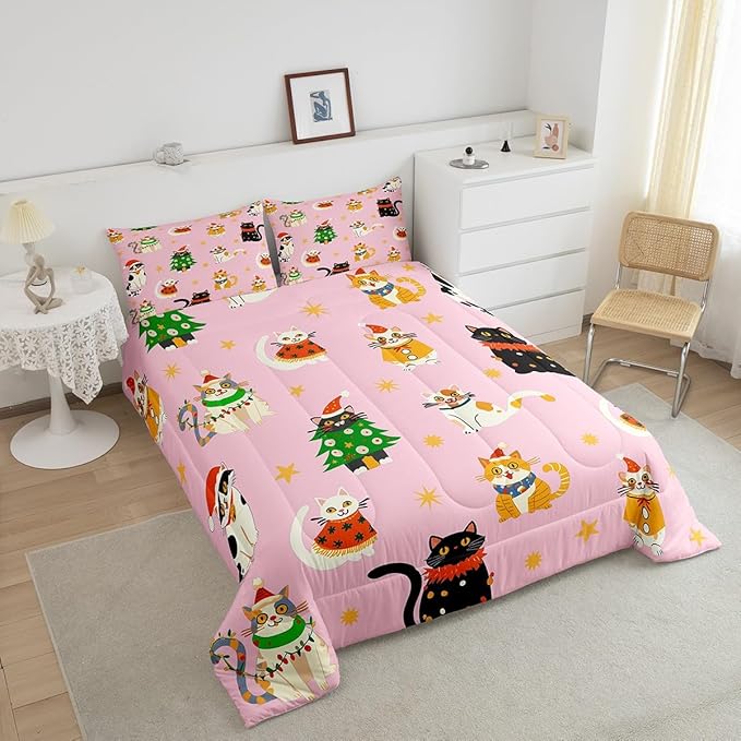 Erosebridal Christmas Decor Quilts Cute Cats Comforter Set Twin Size for Kids Boys Girls Bedroom Xmas Tree Bedding Set Cartoon Animal Down Comforter with 1 Pillow Case