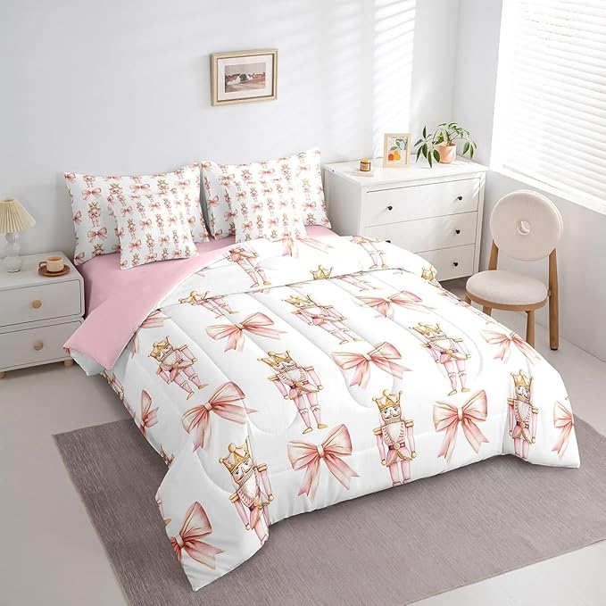 7 Pieces Cartoon Nutcracker Kids Comforter Set Full,Pink Bowknot Romantic Princess Bedding Set,Ballet Merry Christmas Bow Tie Dreamy（Comforter+Fitted+Flat Sheet+2 Pillowcases+2 Throw Pillow Covers）