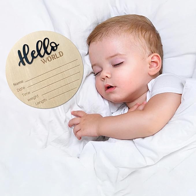 Baby Announcement Sign, 5.9 Inch Wooden Hello World Newborn Signs, Birth Announcement Sign, Baby Shower Hospital Nursery for Newborn Boys and Girls (Black,Pen)
