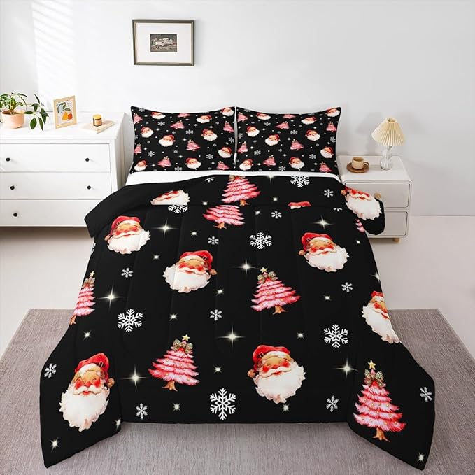 jejeloiu Kids Christmas Theme Comforter Set Full Size Xmas Tree Cute Santa Claus Bow Bedding Set for Boys Girls Teens Winter Snowflake Happy New Year Duvet Quilt Room Decor