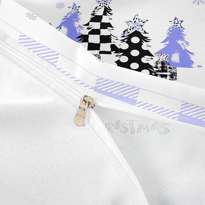 Manfei Xmas Trees Duvet Cover Set Queen Size, Blue Plaid Grid Snowflake Bedding Set for Kids Girls Room Decor, Christmas Theme Comforter Cover New Year Quilt Cover with 2 Pillowcases, No Comforter