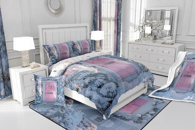 Feelyou Winter Snowscape Bedding Set Soft for Boys Girls, Merry Christmas Comforter Set Twin Size Pink Door Duvet Quilt Microfiber Garland Xmas Tree Bedroom Decor 2 Pcs with 1 Pillow Cases