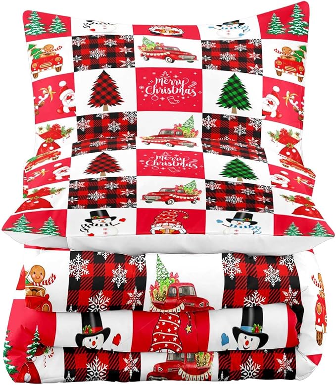 LUVIVIHOME 2PCS Merry Christmas Comforter Set Twin Size, Cartoon Cute Funny Santa Claus Snowman Gnome Truck White Red Black Plaid Bedding, Snowflake Xmas Tree Christmas Bedroom Decor, 1 Pillow Sham