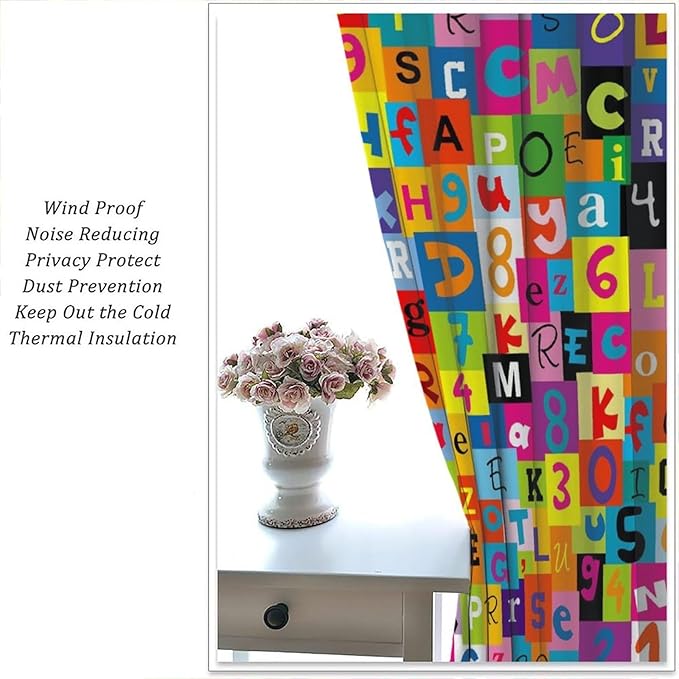 ABC Alphabet Curtains Colorful Art Patchwork Alphabet Graffiti Cartoon Print Curtain with Rod Pocket for Bedroom Living Room Home Decor Drapes Window Treatments 2 Panels Set 63" W X 63" L
