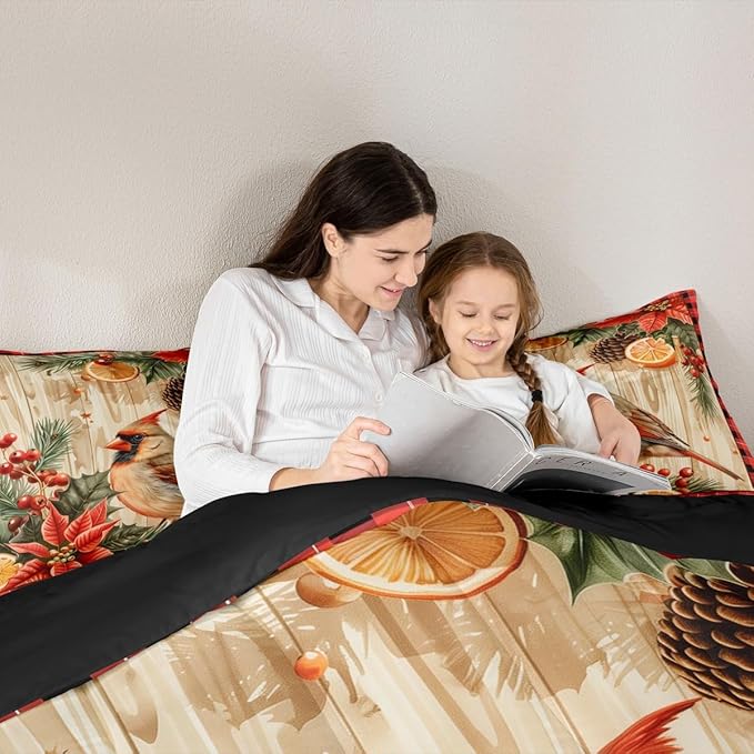 jejeloiu Kids Red Cardinal Comforter Set King Size Christmas Red Black Plaid Flower Bedding Set for Boys Girls Teens Xmas Birds Animal Lemon Winter Wood Plank Duvet Quilt Room Decor